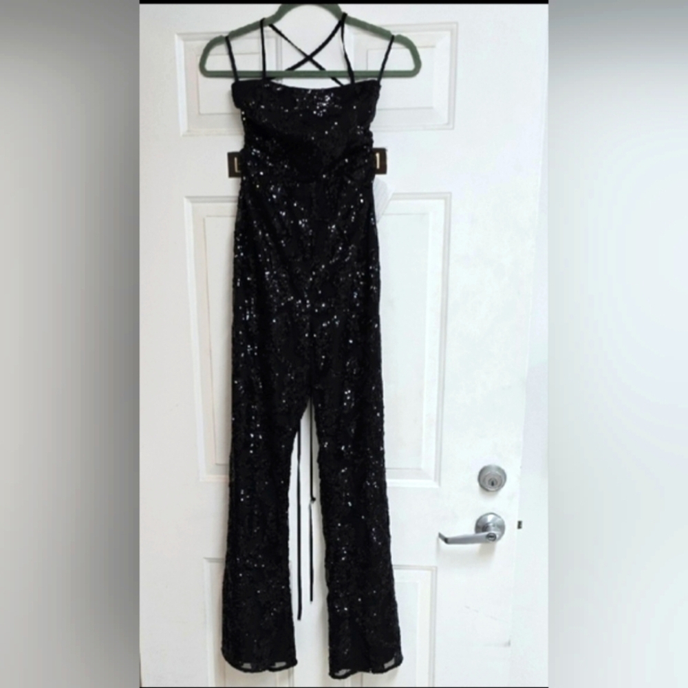 ASOS DESIGN sequin bandeau Straight leg jumpsuit back detailing in black